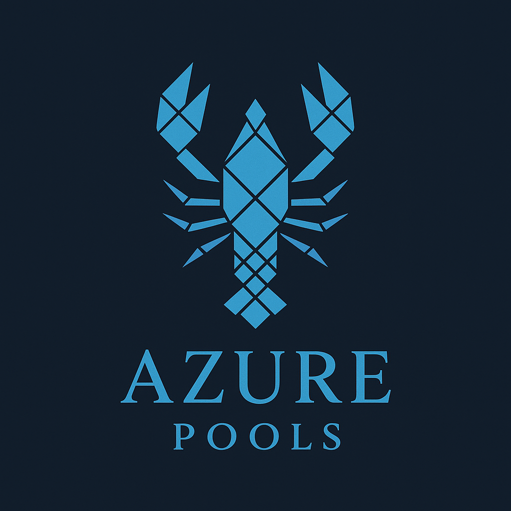 Azure-Pools-Original-Logo A geometric blue lobster logo sits above the words "AZURE POOLS" on a dark background, reflecting expertise in fiberglass pools.